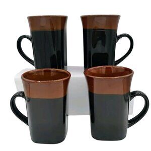 Set of 4 Black Stoneware Coffee Mugs 14 oz – Microwave Safe, Brown Rim
